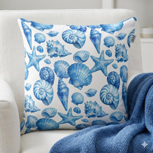 Coussin décoratif Coquillages bleus. Nautique.