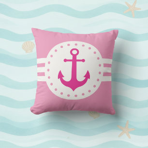 Coussin décoratif d'ancre nautique rose féminin