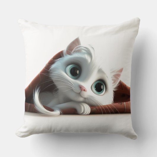 Coussin décoratif de chat blanc fantaisiste et mag (Recto)