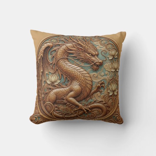 Coussin décoratif effet sculpture sur bois dragon (Recto)