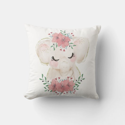 Coussin décoratif éléphant à l'aquarelle avec flor (Recto)