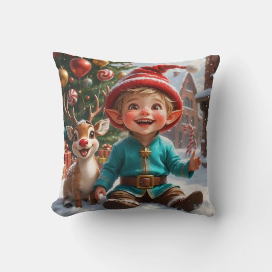 Coussin décoratif Elfe de Noël et Renne Mignon (Recto)