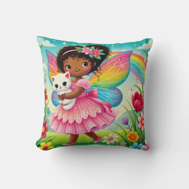 COUSSIN DÉCORATIF "FÉE HEUREUSE avec CHATON" (Recto)