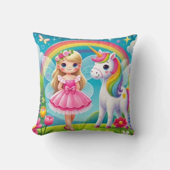 COUSSIN DÉCORATIF « FÉE SOURIANTE AVEC LICORNE » (Recto)