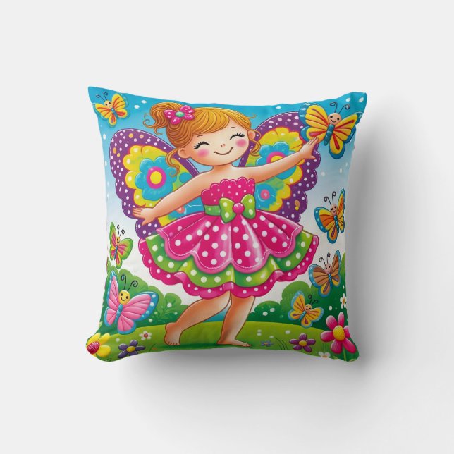 COUSSIN DÉCORATIF "FÉE SOURIANTE AVEC PAPILLONS" (Recto)