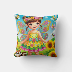 COUSSIN DÉCORATIF « FÉE SOURIANTE AVEC TOURNESOLS