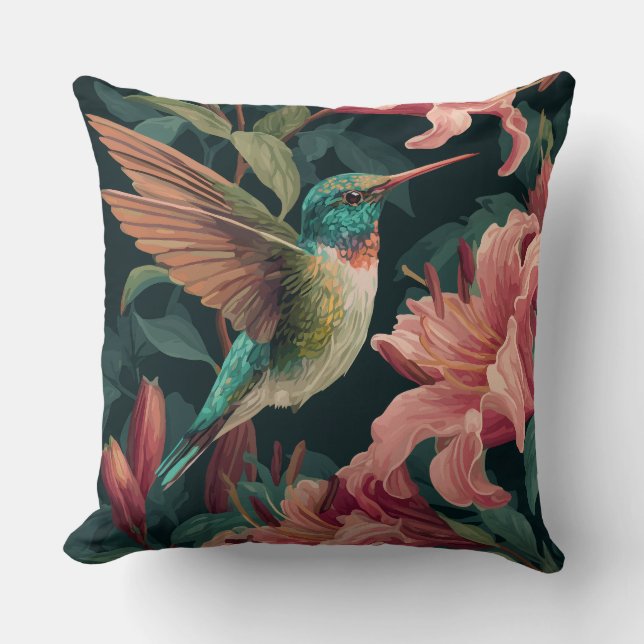 Coussin Décoratif Fleurs Oiseaux Colibris (Recto)