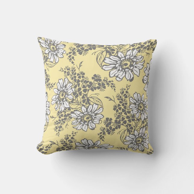 Coussin décoratif floral jaune de blanc gris (Recto)