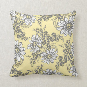 Coussin décoratif floral jaune de blanc gris