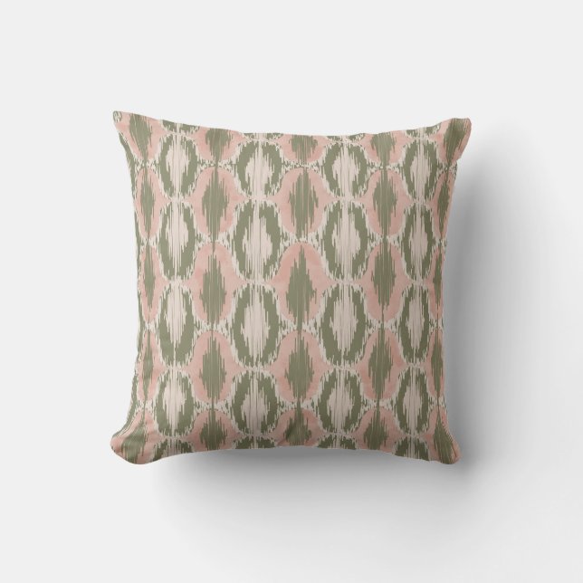 Coussin décoratif Ikat rose pêche Bohème Olive (Recto)