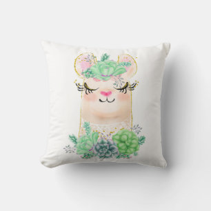Coussin décoratif lama aquarelle avec succulentes
