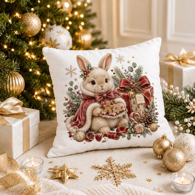 Coussin décoratif lapin de Noël (Christmas bunny throw pillow)