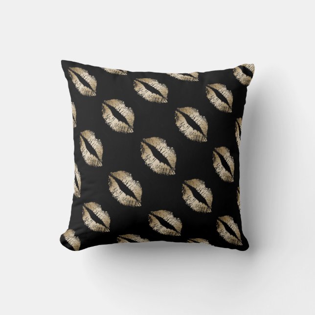 Coussin décoratif/Noir avec Lèvres dorées (Recto)