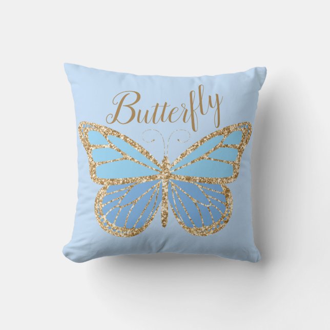 Coussin décoratif papillon bleu or fantaisiste (Recto)
