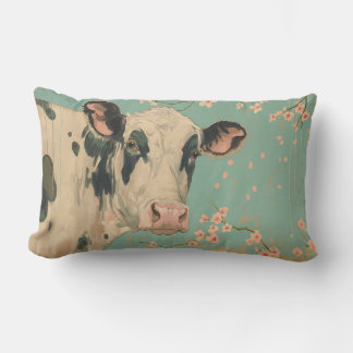 Coussin décoratif pastel Vache et fleurs de cerisi