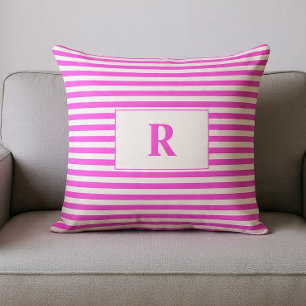 Coussin décoratif rayé rose/blanc avec monogramme