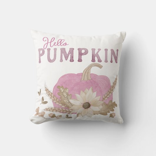 Coussin décoratif rose « Hello Pumpkin » pour déco (Recto)
