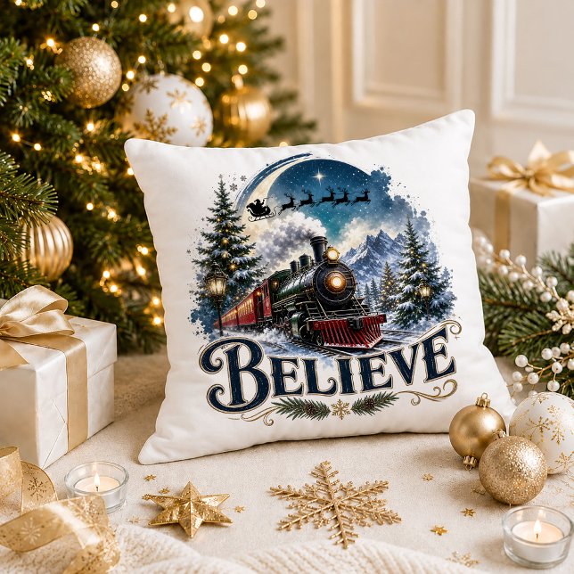 Coussin décoratif Train de Noël Polar Express (Believe Christmas Train Polar Express Throw Pillow)
