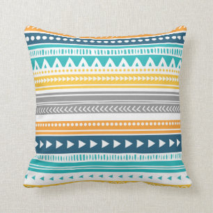 Coussin décoratif tribal gris jaune bleu