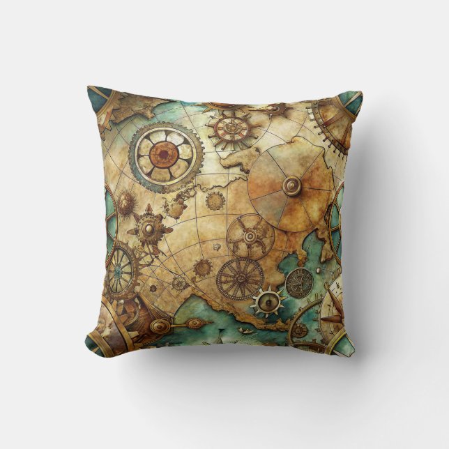 Coussin décoratif vieille carte Steampunk (Recto)