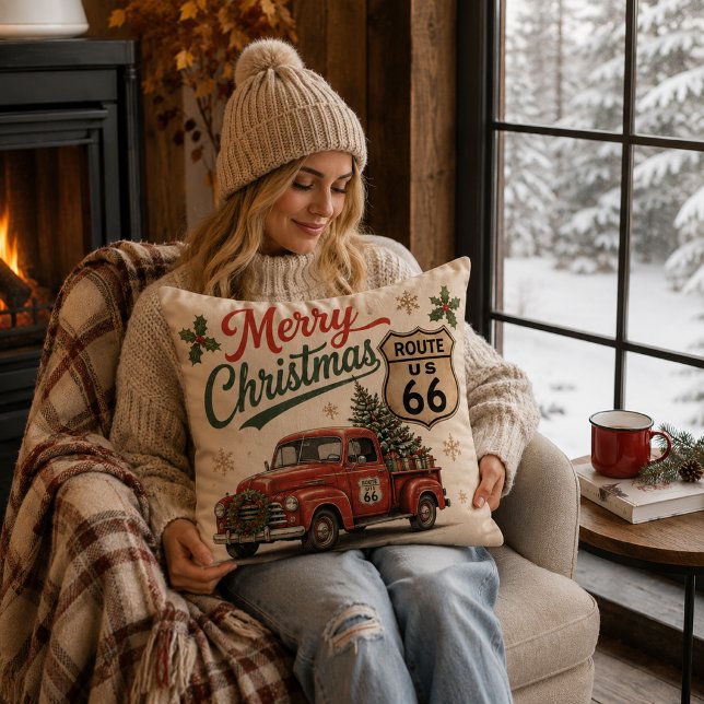 Coussin Décoration de camion de Noël Route 66 Rétro (Créateur téléchargé)