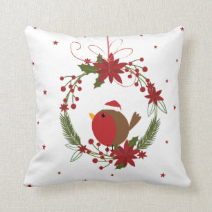 Coussin Décoration de la couronne de Noël du joli robin