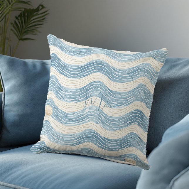 Coussin Décoration de maison de plage vague côtière Vie ma (Beach House Coastal Wave Home Decor Seaside Living Throw Pillow)