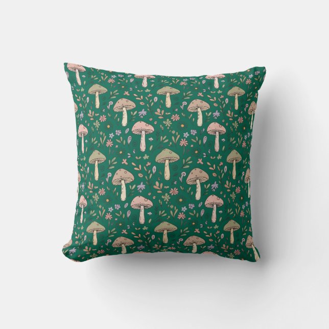 Coussin Deep Emerald Fungi Seamless Pattern Jewel Tone (Recto)