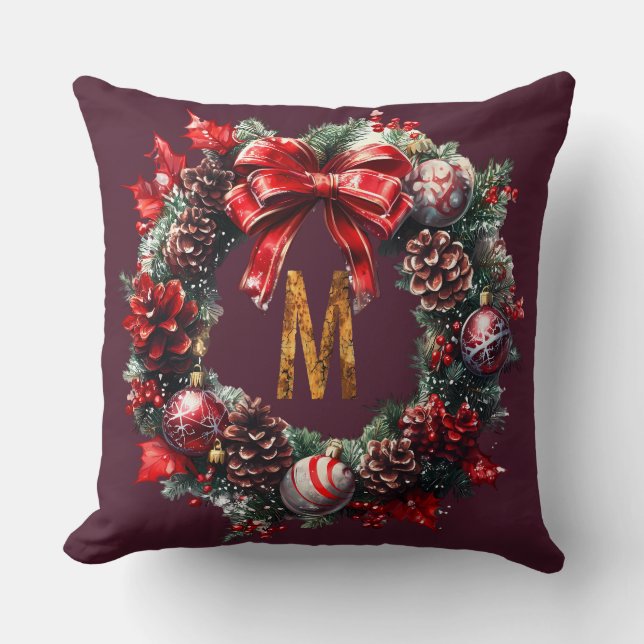 Coussin Deep Red Wreath Monogram  Throw pillow (Recto)