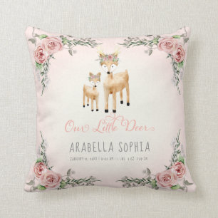 Coussin Deer Boho Baby Girl Birth Info Aquarelle Woodland