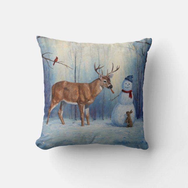Coussin Deer et Happy Snowman hiver de vacances scène (Recto)
