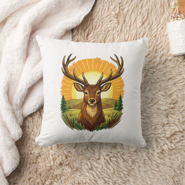 Coussin Deer with Antlers Sunset Forest Hunter Gift (Couverture)