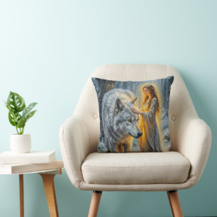 Coussin Déesse de l'hiver & Loup Blanc