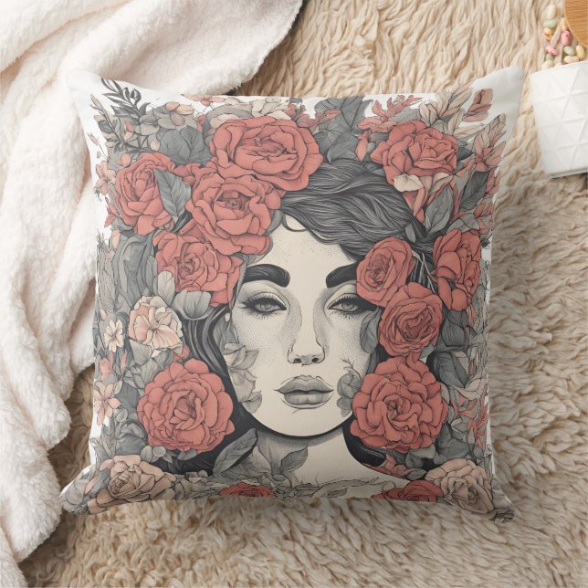 Coussin Déesse florale - Femme élégante avec Rose (Couverture)