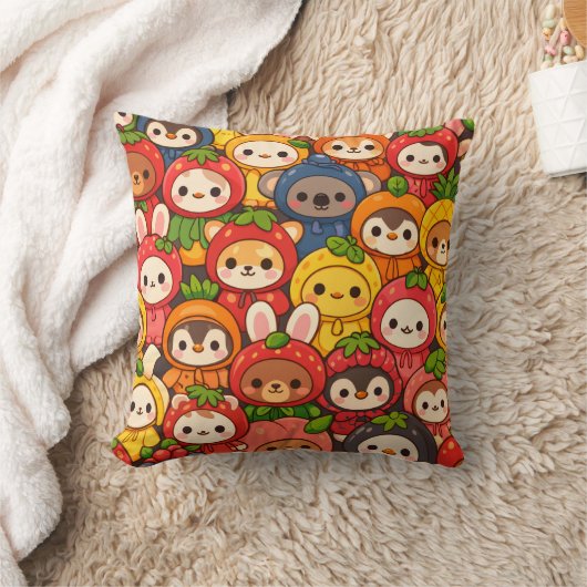 Coussin Défilé d'amis fruits | Chibi d'animaux mignons (Couverture)
