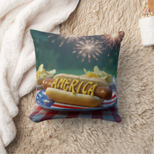 Coussin Défilé du 4 juillet avec hot dog et feux d'artific