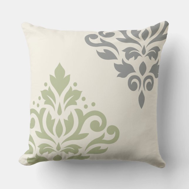 Coussin Défiler Damask Art I Green Grey Crème (Recto)