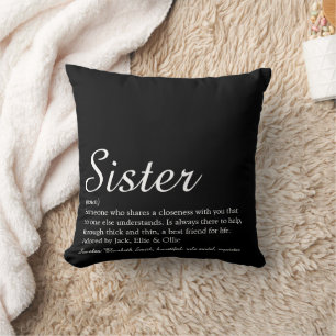 Coussin Définition de soeur Script chic noir et blanc