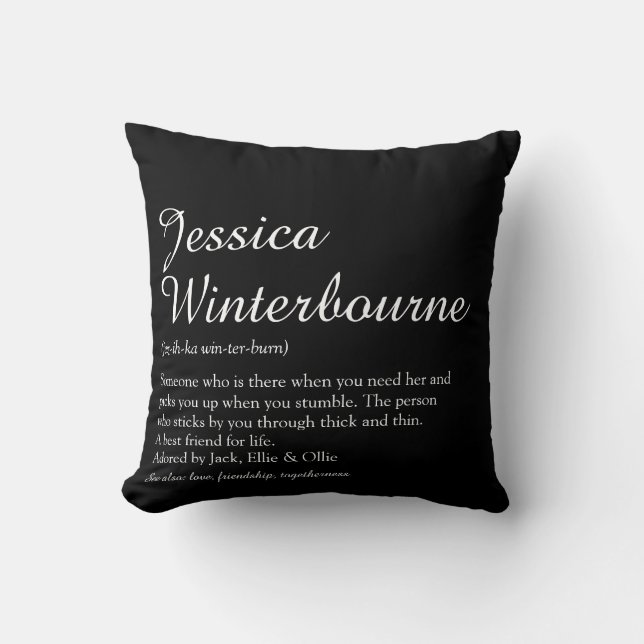 Coussin Définition du nom de script noir et blanc moderne (Recto)