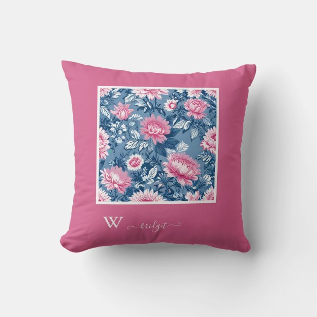 Coussin Delft bleu & rose French Toile Hampton Style (Recto)