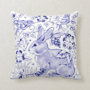 Coussin Delft Blue Blanc Lapin Lapin Oiseaux Dedham Élégan
