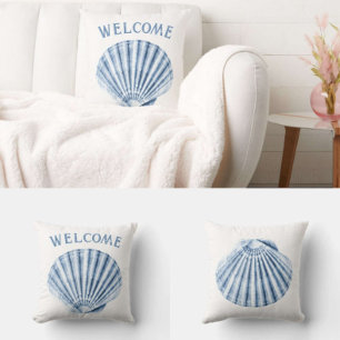 Coussin Delft Blue Clam Sea Shell Nautical Beach House