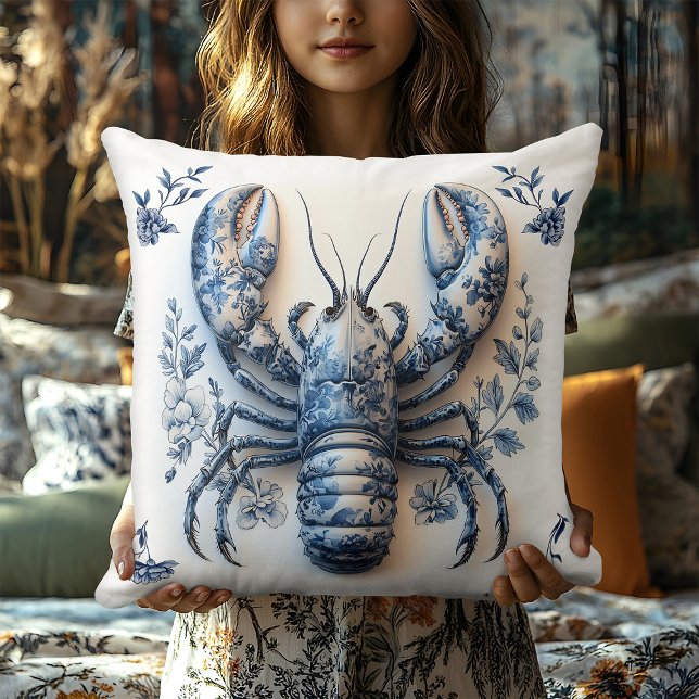 Coussin Delft Blue Floral Crab Coastère Rustic Beach House (Créateur téléchargé)