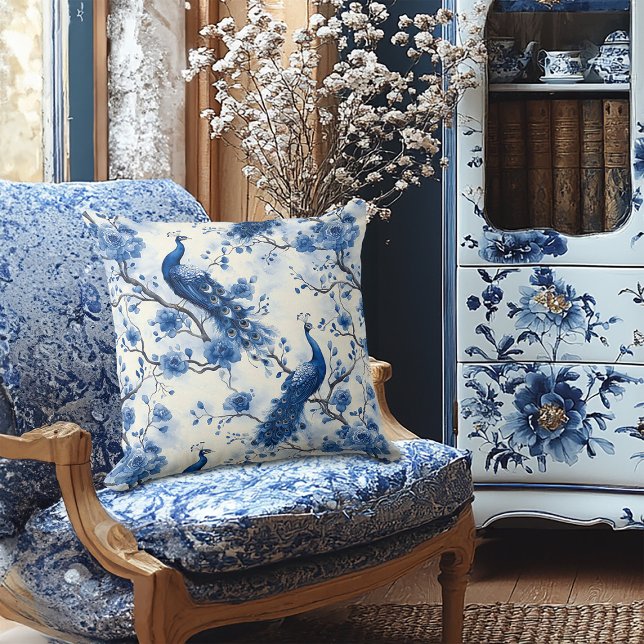 Coussin Delft Blue Vintage Chinoiserie française Peacock (Créateur téléchargé)