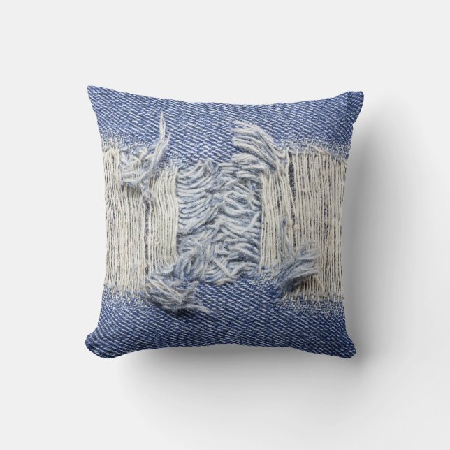 Coussin Dénim bleu déchiré : texture de jeans. (Recto)