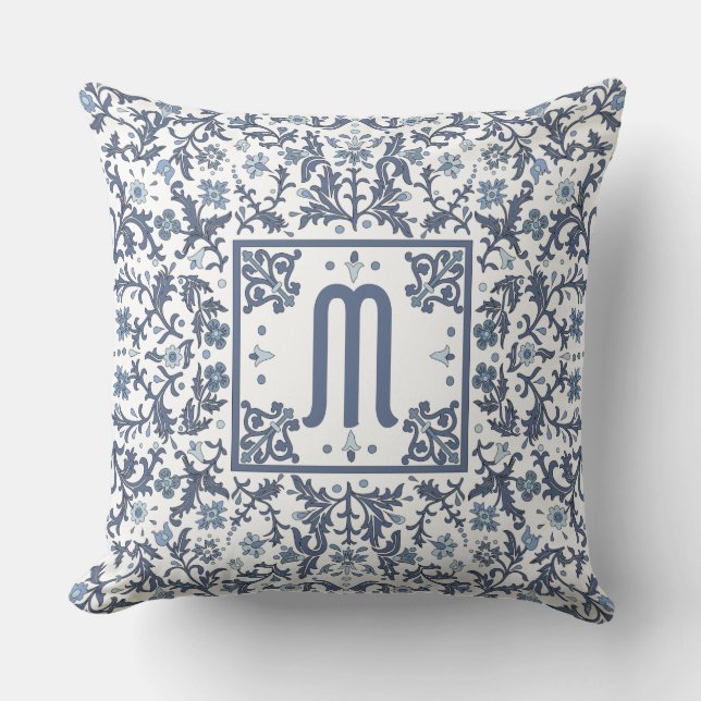 Coussin Denim Bleu Monogramme Orné (Recto)