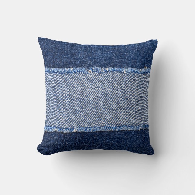 Coussin Dénim déchiré : tissu de jean bleu. (Recto)