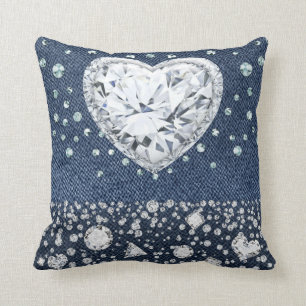 Coussin Denim & Diamants Blue Jean Bling Diamant Cœur