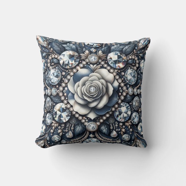 Coussin Denim & Diamonds Glam Bling Bijoux Roses (Recto)