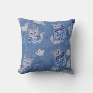 Coussin Denim Jean poches, chatons et dentelle